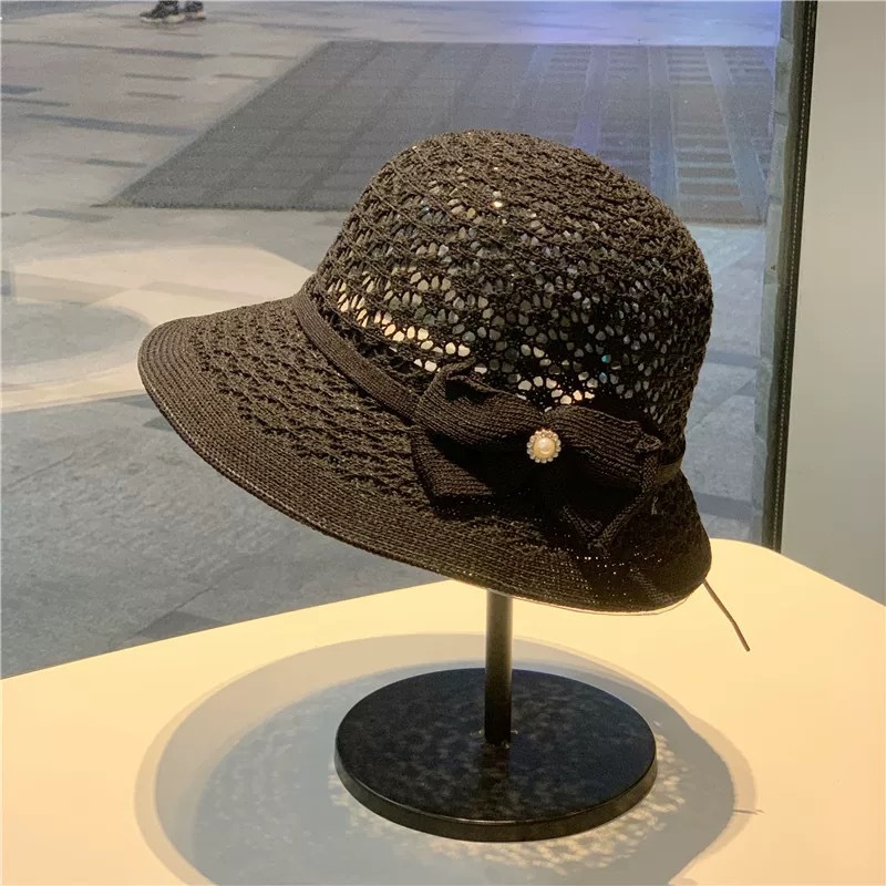 Womens Wide Brim Straw Sun Hat with Lace Bow Detail